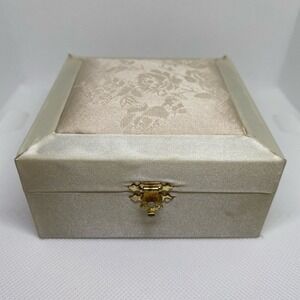 Vintage White Satin Small Jewelry Box Holder 4" x 4" x 2"